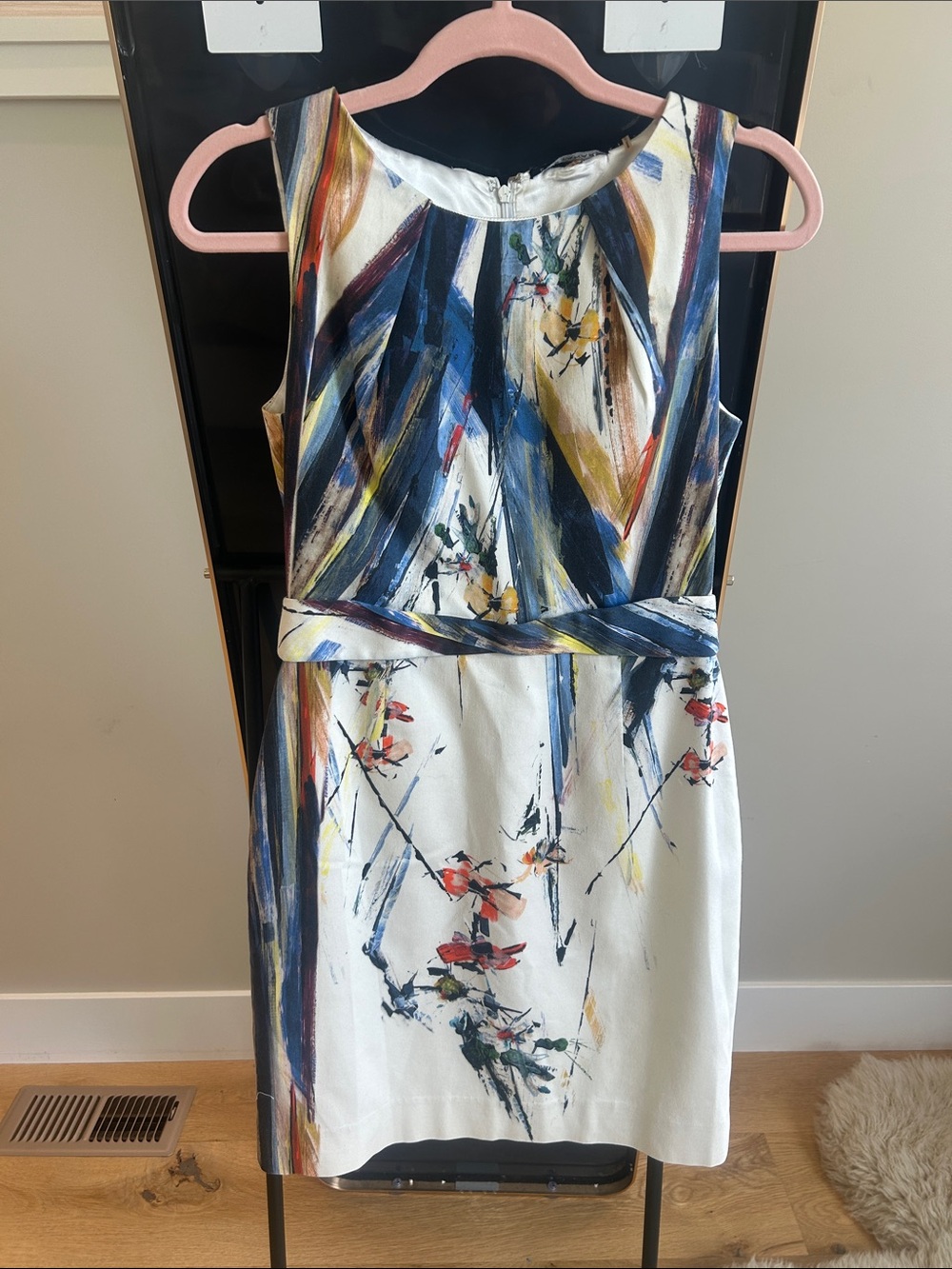 Elie Tahari Cream Mini Dress with Blue, Yellow and Coral Accents